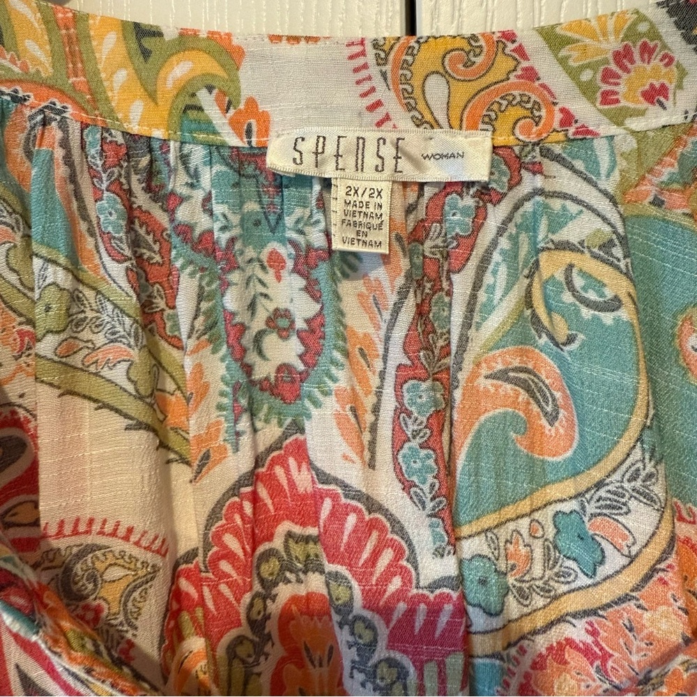 Spense Women Colorful Paisley Flowy Tunic Blouse Size 2X. Crochet neckline. - Picture 3 of 11